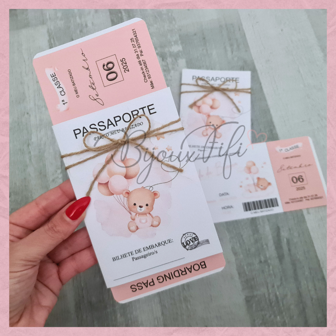 Convite Passaporte "Cute Bear" Rose